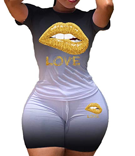 Womens 2 Pcs/set Short Outfits Love Lips Print Gradient Short Sleeve Shirt Top High Waist sportswear