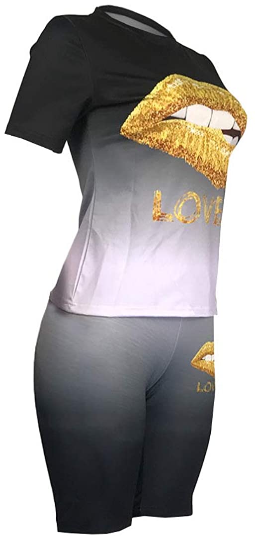 Womens 2 Pcs/set Short Outfits Love Lips Print Gradient Short Sleeve Shirt Top High Waist sportswear