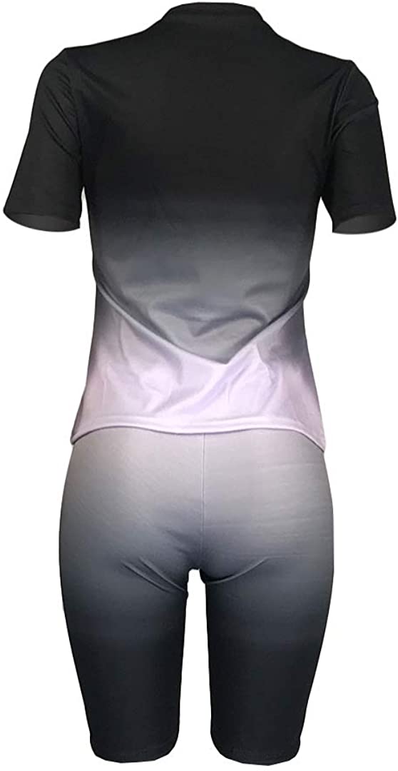 Womens 2 Pcs/set Short Outfits Love Lips Print Gradient Short Sleeve Shirt Top High Waist sportswear