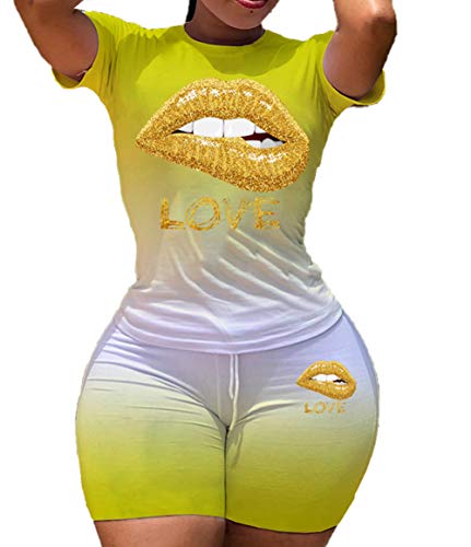 Womens 2 Pcs/set Short Outfits Love Lips Print Gradient Short Sleeve Shirt Top High Waist sportswear
