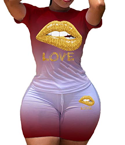 Womens 2 Pcs/set Short Outfits Love Lips Print Gradient Short Sleeve Shirt Top High Waist sportswear