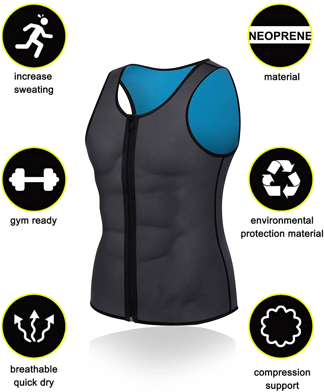 Men Waist Trainer Vest Hot Neoprene Corset Body Shaper Zipper Sauna Tank Top Workout Shirt