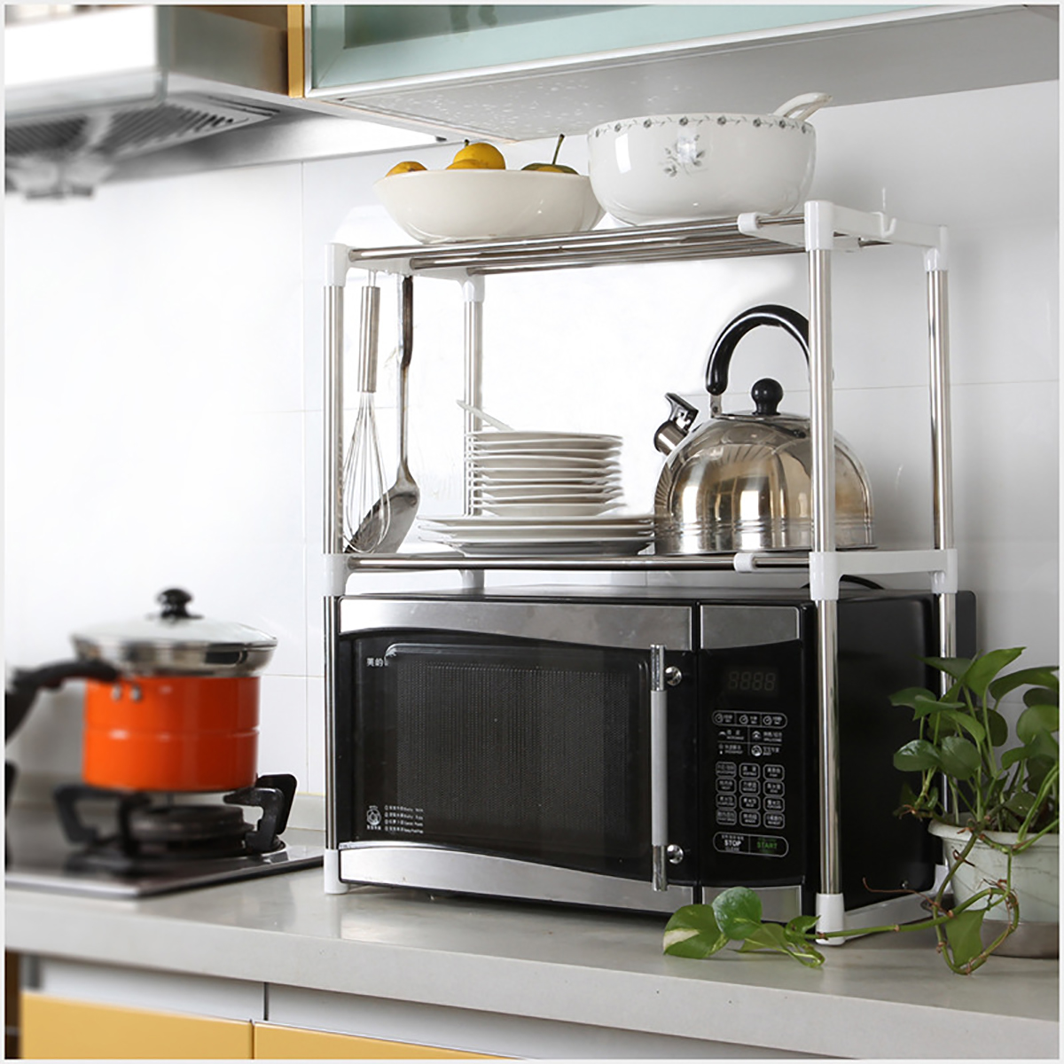 Stainless Steel 2 Layers Kitchen Microwave Storage Shelf Rack Organizer