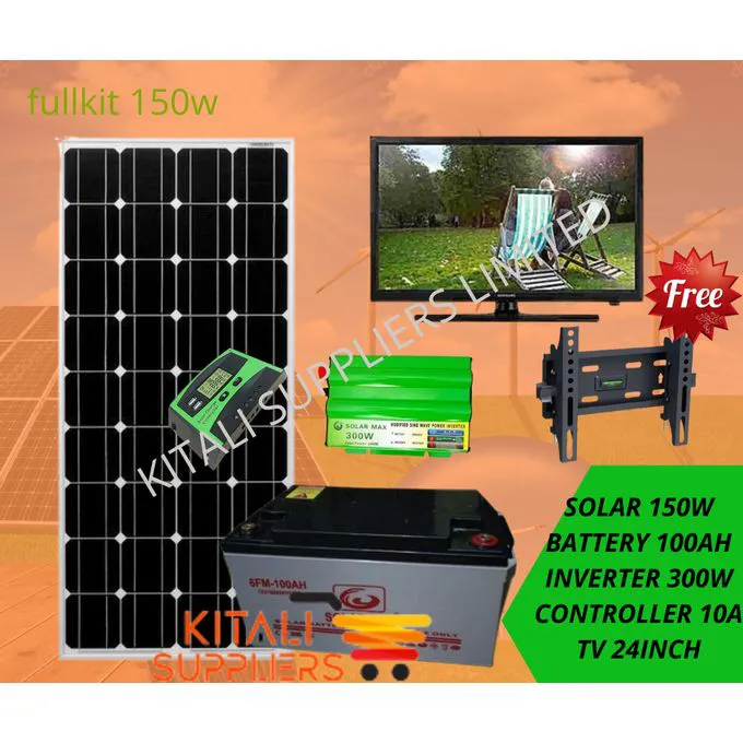 150W Solar Kit with 100Ah Battery, 300W Inverter, 24'' LED TV & Wall Bracket – Complete Off-Grid Power Solution for Homes, Cabins & RVs