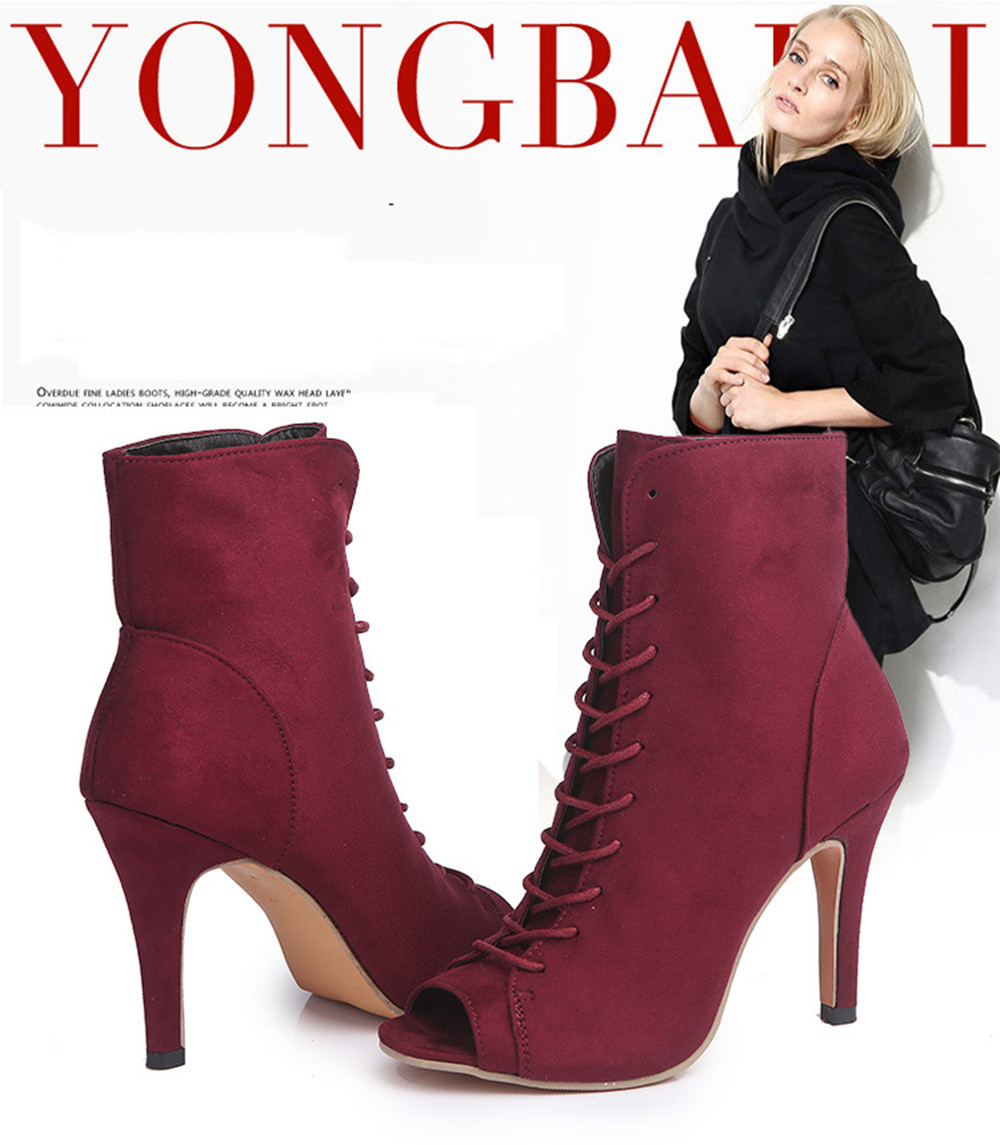 Women Boots High Heeled Boots Ladies Roman Lace Up Boots Thin Heeled Fish Mouth Boots Heels Women