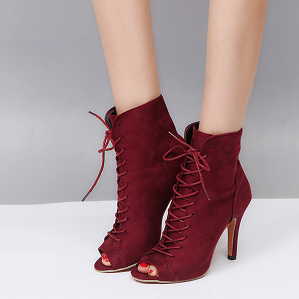 Women Boots High Heeled Boots Ladies Roman Lace Up Boots Thin Heeled Fish Mouth Boots Heels Women