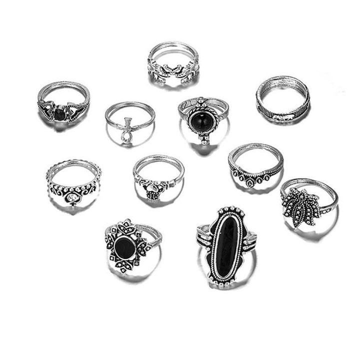ewelry Women Rings Ladies Rings Jewellery Ladies Black Gem Elephant Lotus Crown Cross 11 Piece Ring