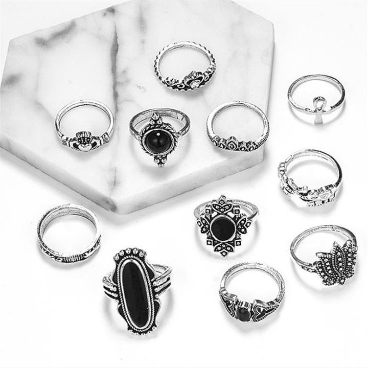 ewelry Women Rings Ladies Rings Jewellery Ladies Black Gem Elephant Lotus Crown Cross 11 Piece Ring