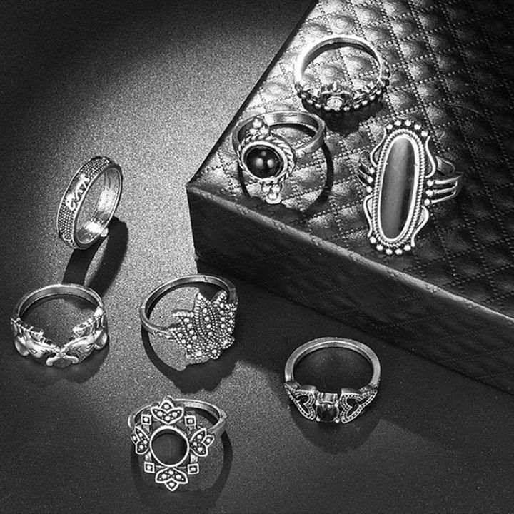 ewelry Women Rings Ladies Rings Jewellery Ladies Black Gem Elephant Lotus Crown Cross 11 Piece Ring