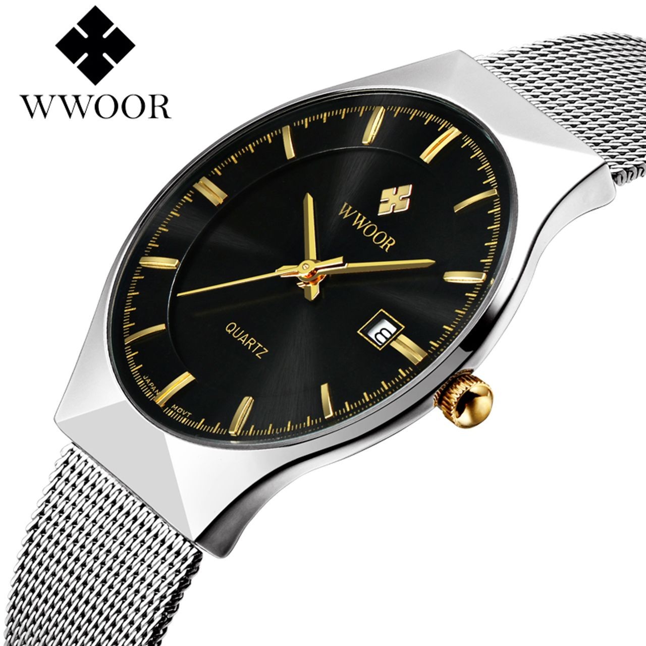 WWOOR MEN Luxury Ultra-thin Business Wrist watch Quartz Stainless Steel Calendar Watch