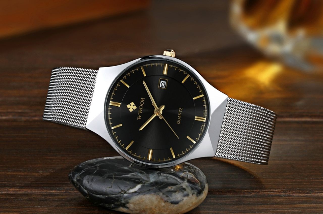 WWOOR MEN Luxury Ultra-thin Business Wrist watch Quartz Stainless Steel Calendar Watch