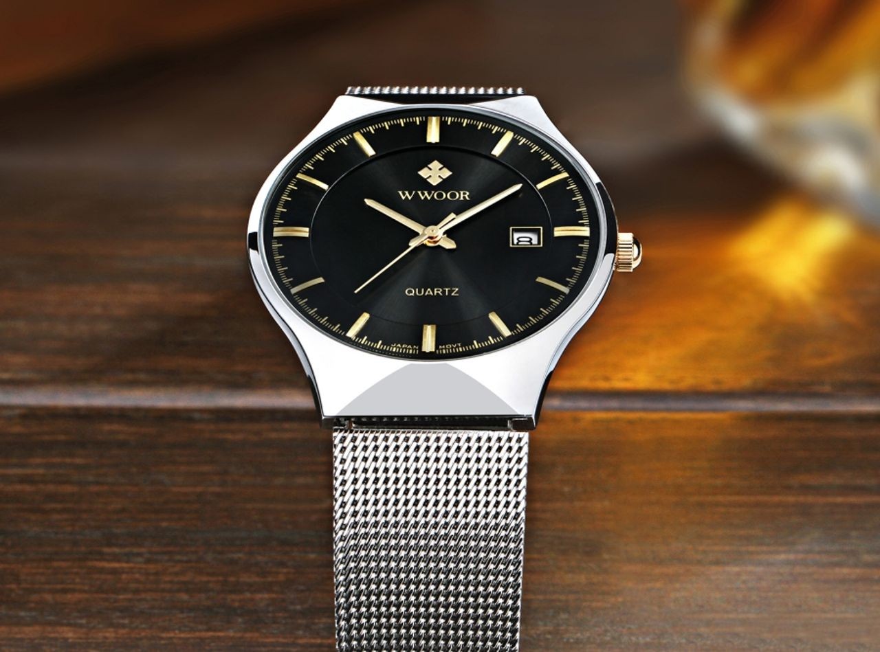 WWOOR MEN Luxury Ultra-thin Business Wrist watch Quartz Stainless Steel Calendar Watch