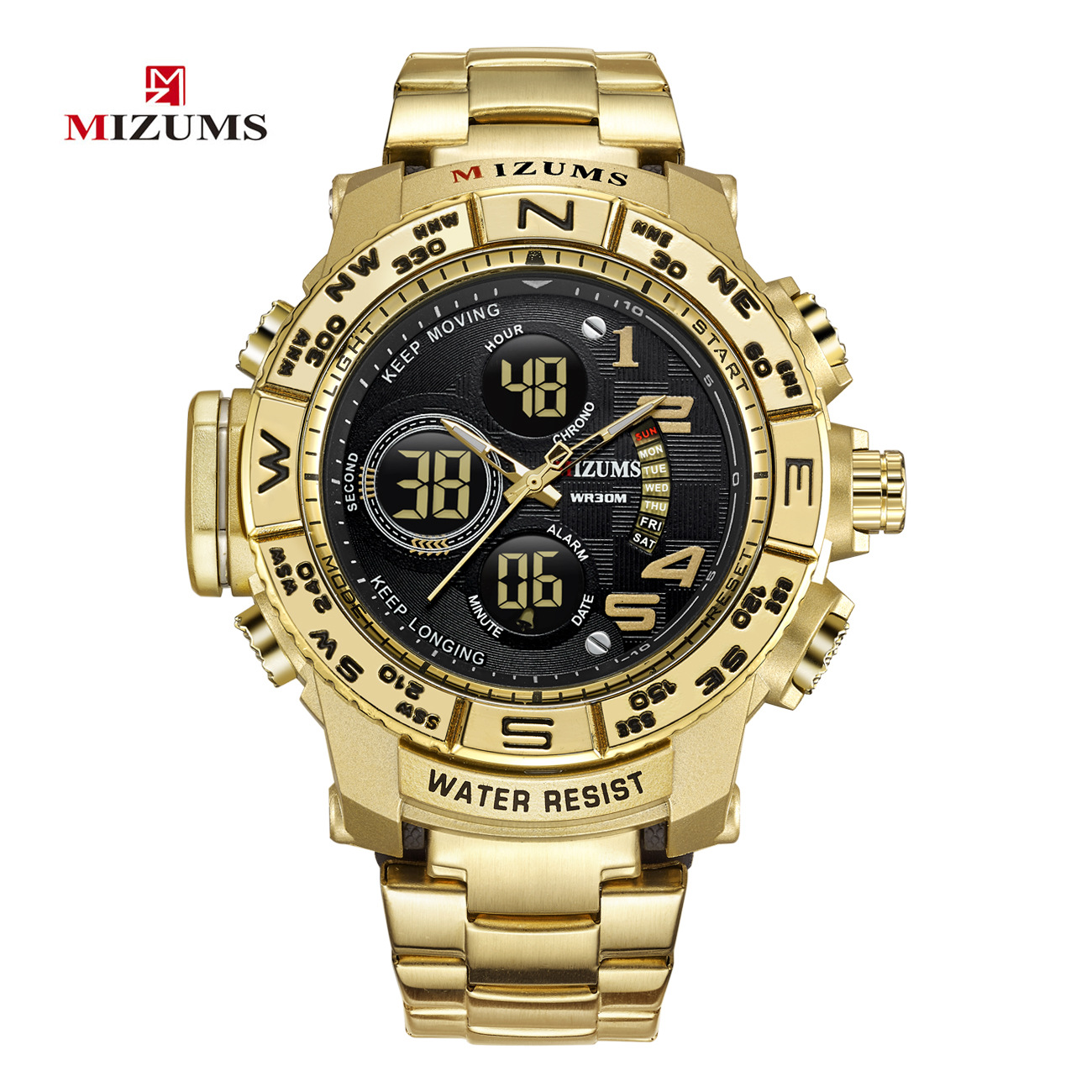 MIZUMS Men's Luxury Sport Outdoor Wrist Watch Waterproof Stainless Steel Chronograph Calendar