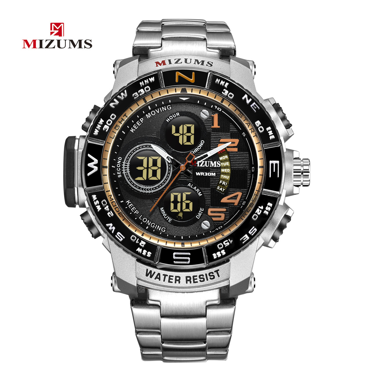 MIZUMS Men's Luxury Sport Outdoor Wrist Watch Waterproof Stainless Steel Chronograph Calendar