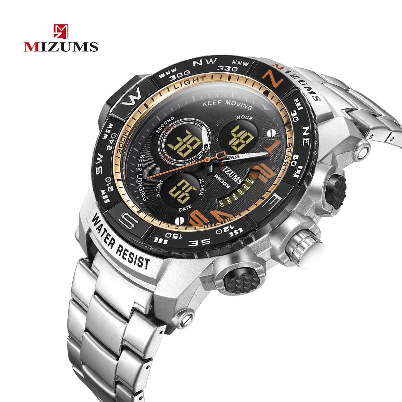 MIZUMS Men's Luxury Sport Outdoor Wrist Watch Waterproof Stainless Steel Chronograph Calendar