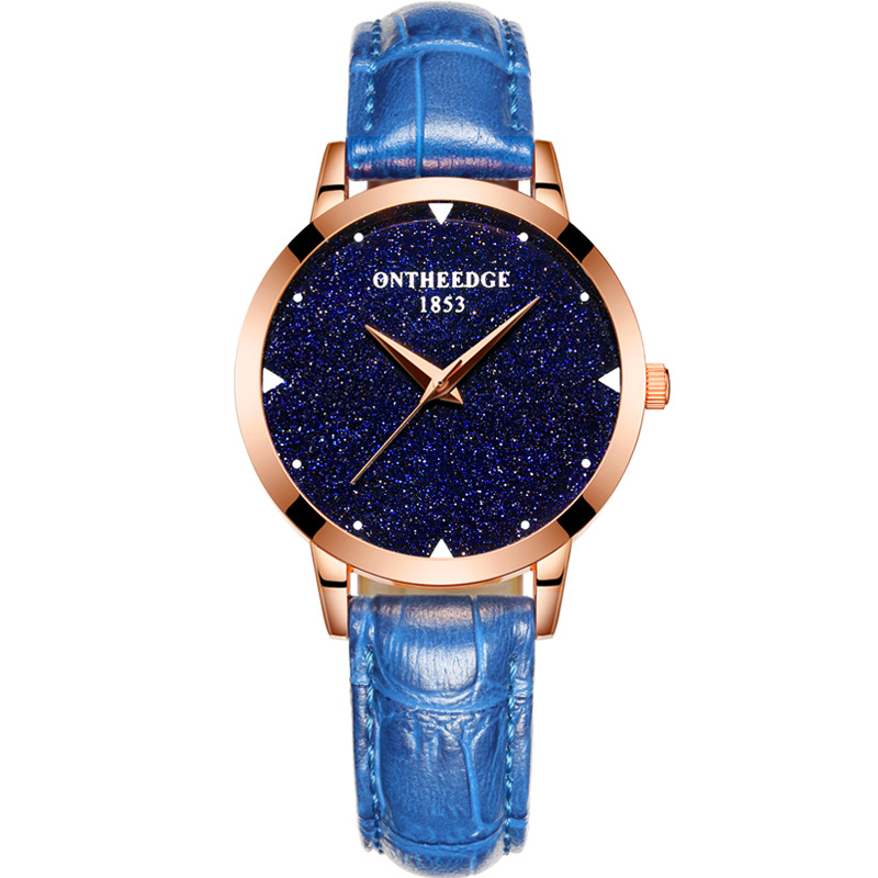 R Ontheedge Lady Women Fashion Dress flash diamond Starry star Wrist watch Genuine Leather Crystal