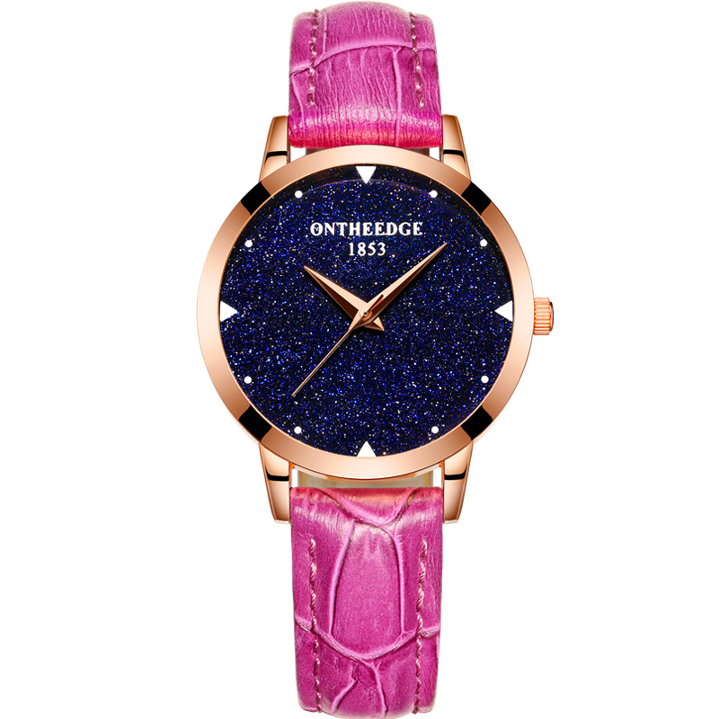 R Ontheedge Lady Women Fashion Dress flash diamond Starry star Wrist watch Genuine Leather Crystal