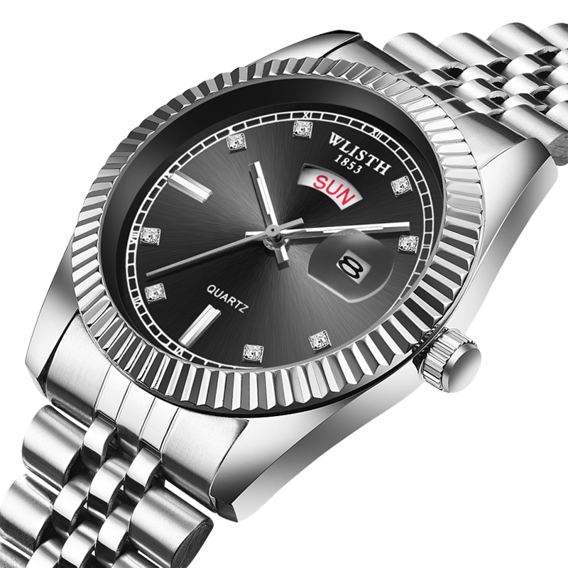 WLISTH Men luxury Business Quartz Wrist watch Stainless Steel Band watch Dual Date  Luminous watch
