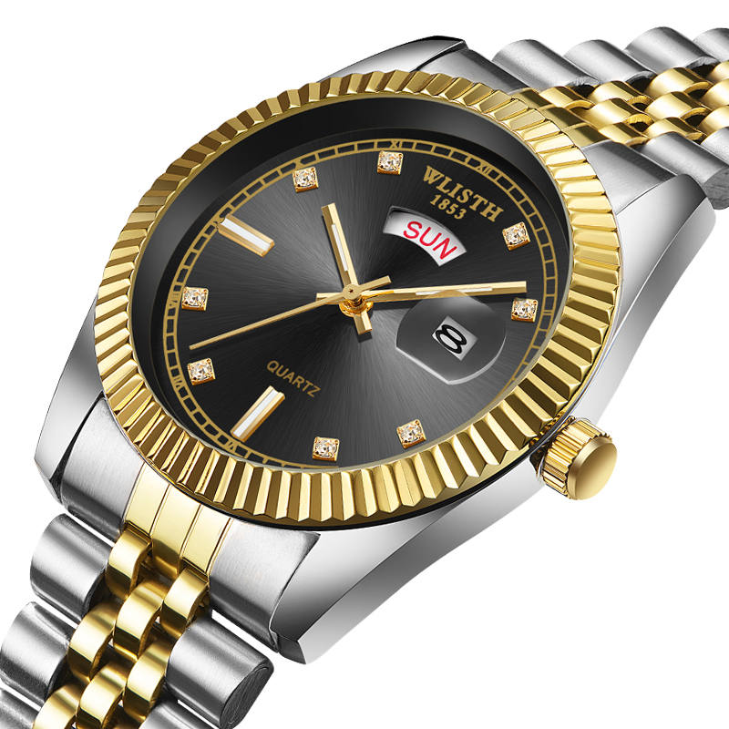 WLISTH Men luxury Business Quartz Wrist watch Stainless Steel Band watch Dual Date  Luminous watch