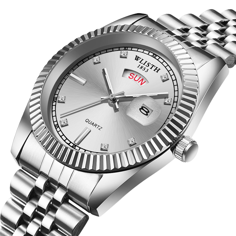 WLISTH Men luxury Business Quartz Wrist watch Stainless Steel Band watch Dual Date  Luminous watch