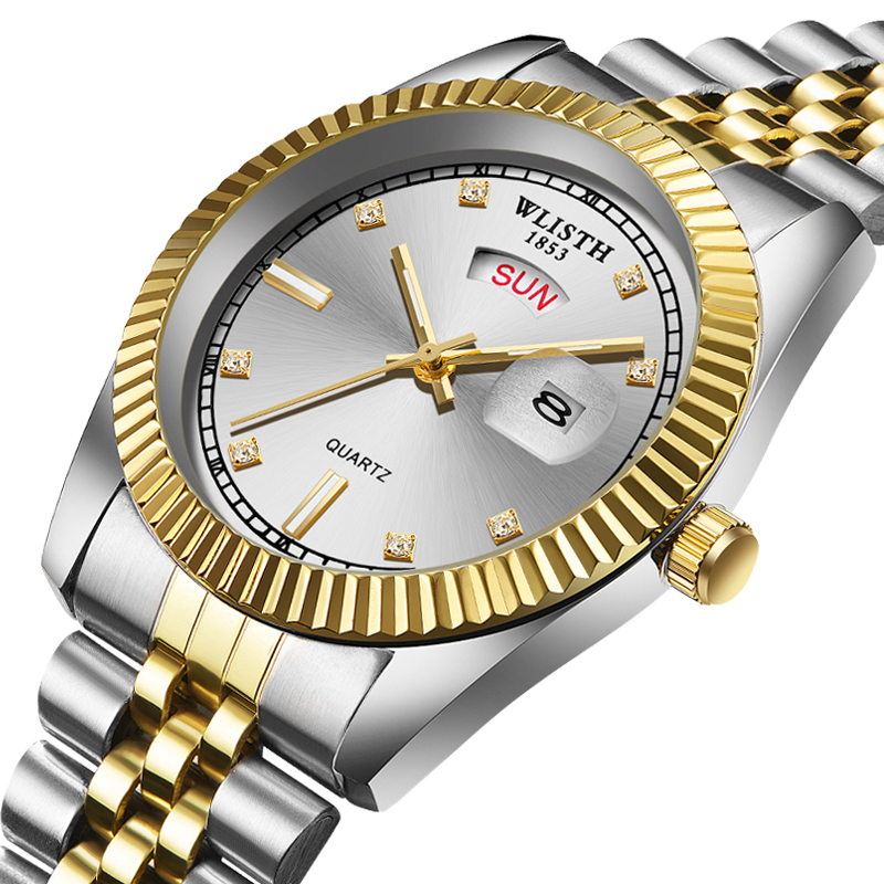 WLISTH Men luxury Business Quartz Wrist watch Stainless Steel Band watch Dual Date  Luminous watch
