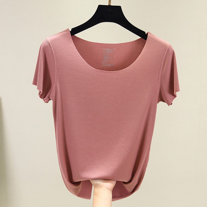 Women's T-shirt seamless short-sleeved summer new ribbed cotton Slim casual round neck bottom shirt