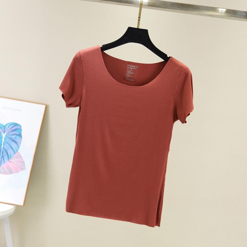 Women's T-shirt seamless short-sleeved summer new ribbed cotton Slim casual round neck bottom shirt