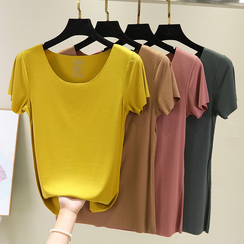 Women's T-shirt seamless short-sleeved summer new ribbed cotton Slim casual round neck bottom shirt