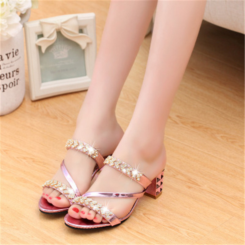 New fashion ladies diamond slippers ladies mid heel slippers