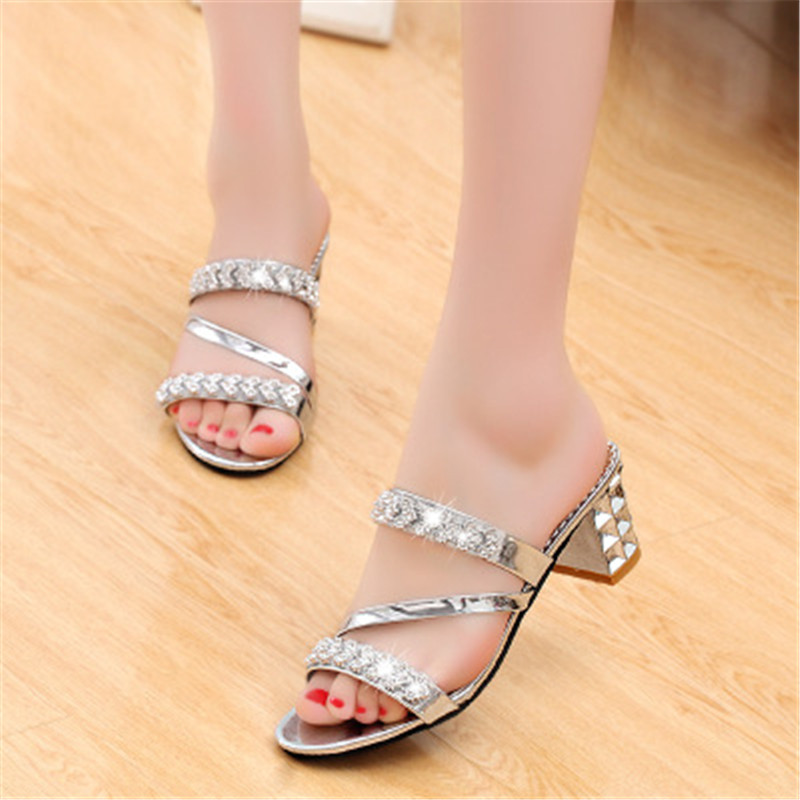 New fashion ladies diamond slippers ladies mid heel slippers
