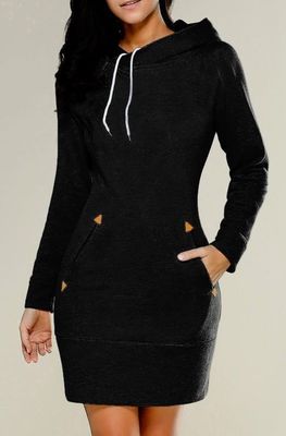 Women  Casual Straight Solid Dress Ladies Long Sleeve Hooded Pockets Mini Dresses