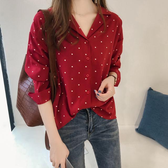 Ladies Top Polka Dot Print Chiffon Shirt Ladies Long Sleeve Top Shirt