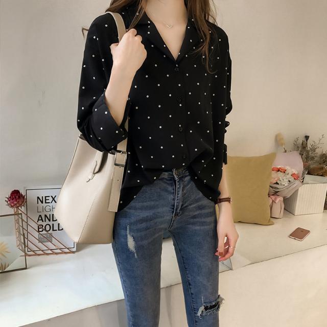Ladies Top Polka Dot Print Chiffon Shirt Ladies Long Sleeve Top Shirt