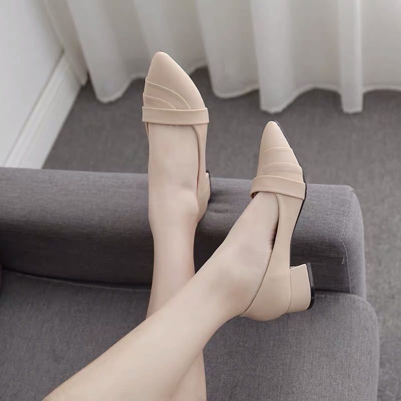 New thick-heel pointed shoes mid-heel all-match women's single shoes high-heeled shoes