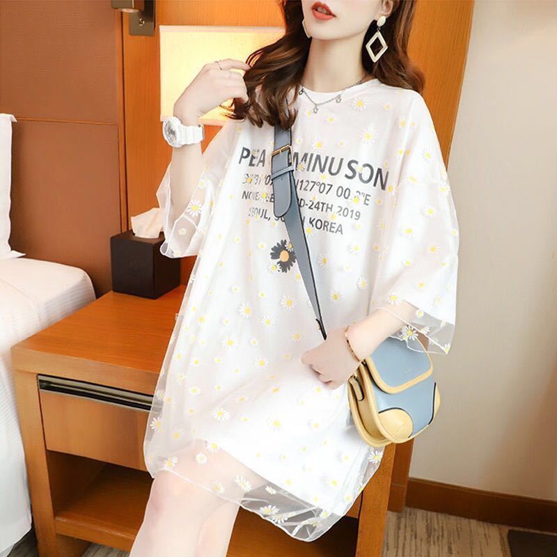 Summer new mesh stitching short-sleeved mid-length dress loose maternity suit Maternity Clothing