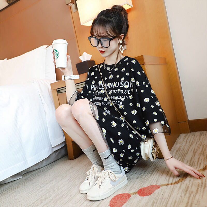 Summer new mesh stitching short-sleeved mid-length dress loose maternity suit Maternity Clothing