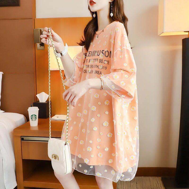 Summer new mesh stitching short-sleeved mid-length dress loose maternity suit Maternity Clothing