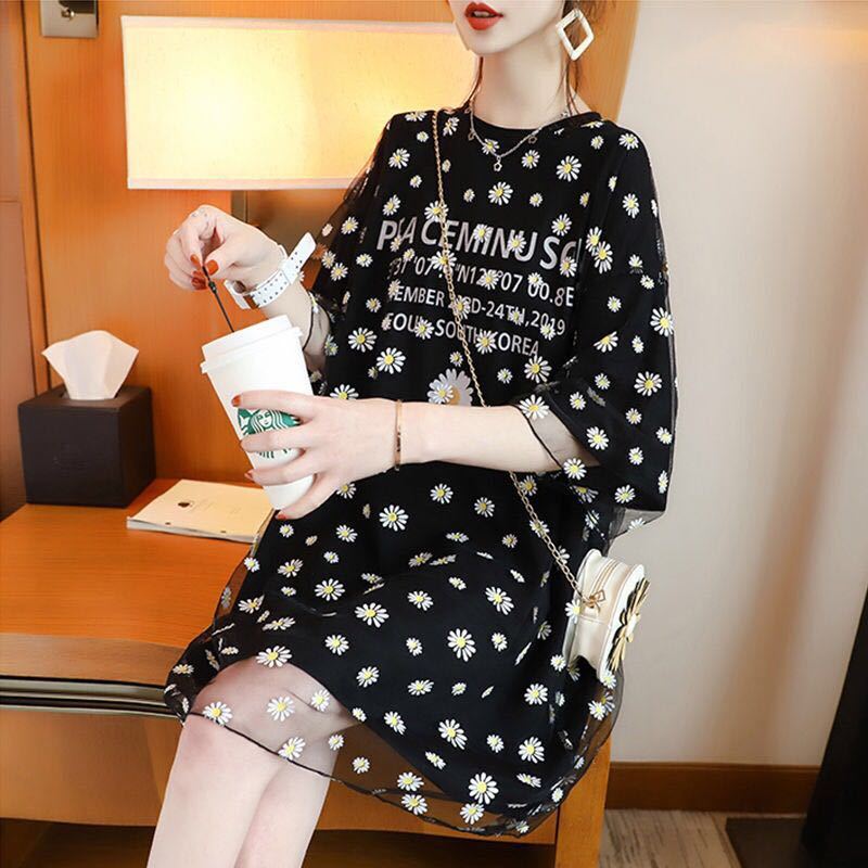 Summer new mesh stitching short-sleeved mid-length dress loose maternity suit Maternity Clothing