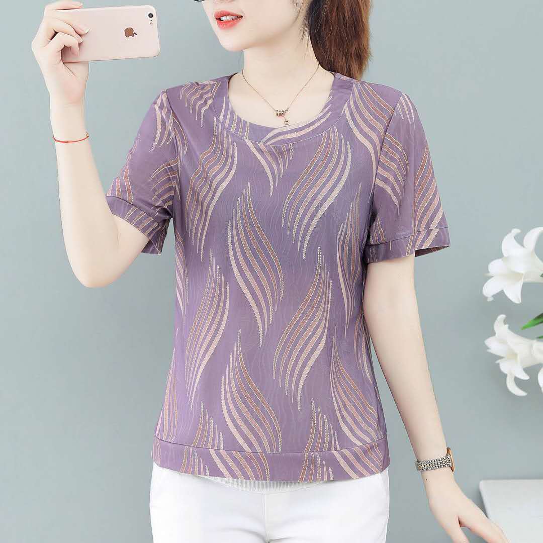 Summer new age-reducing top T-shirt women's plus size short-sleeved floral T-shirt