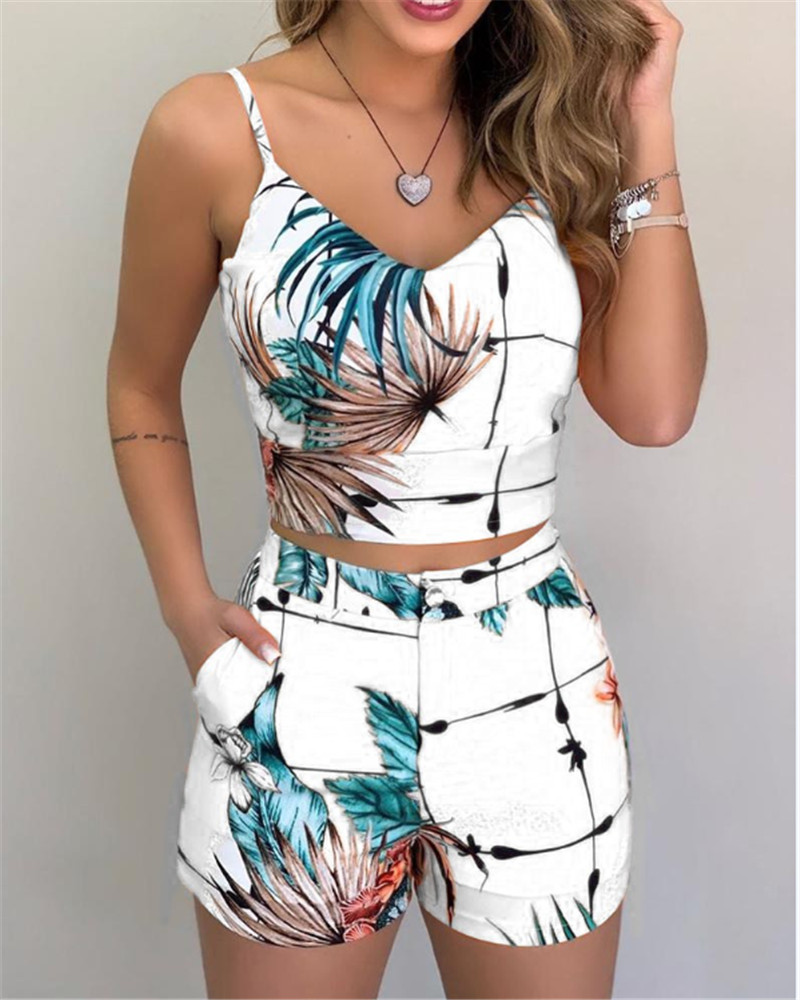 Summer Ladies Fashion 2 Piece Set Sleeveless Printed Top and Shorts Set