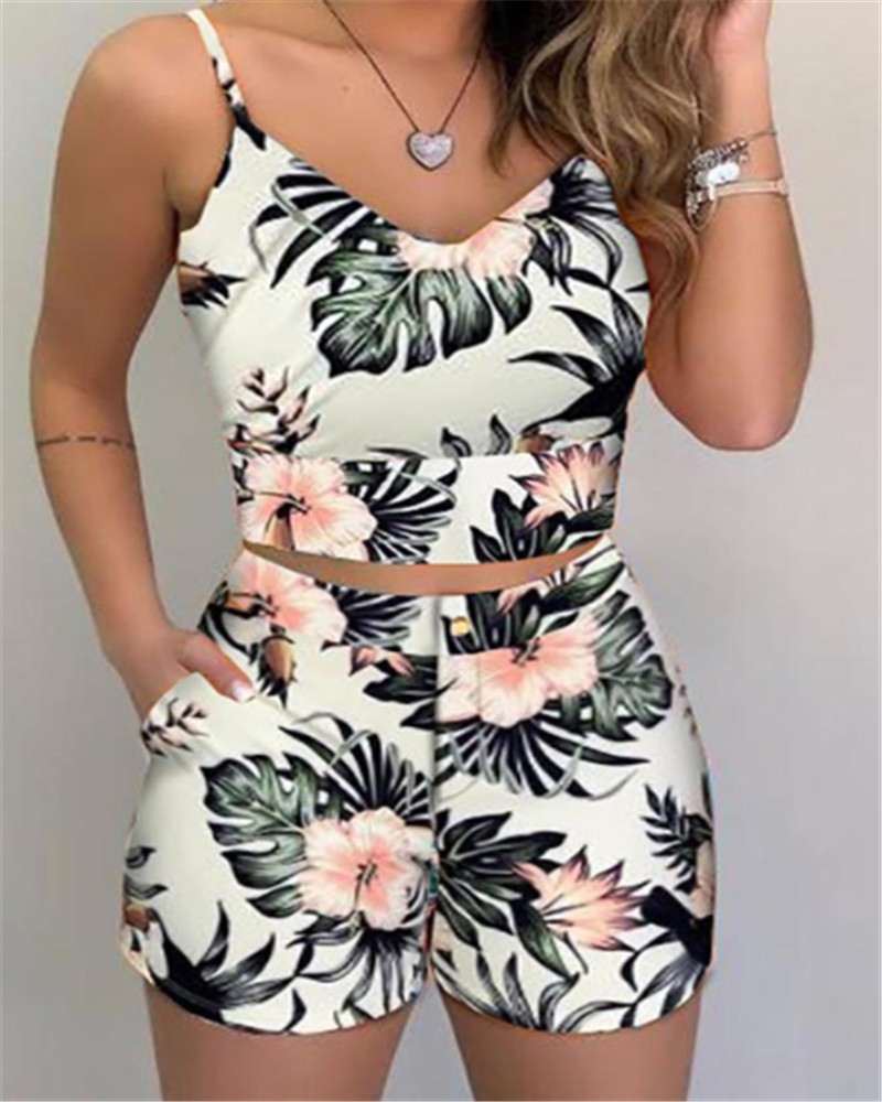 Summer Ladies Fashion 2 Piece Set Sleeveless Printed Top and Shorts Set