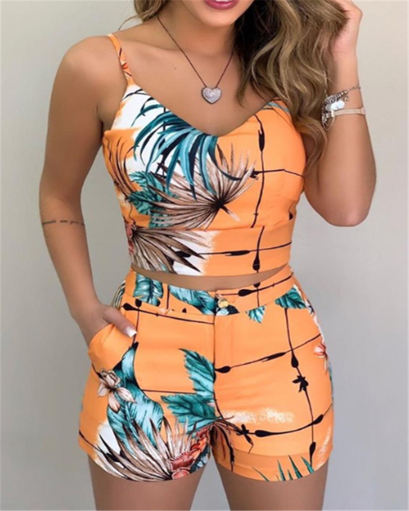 Summer Ladies Fashion 2 Piece Set Sleeveless Printed Top and Shorts Set