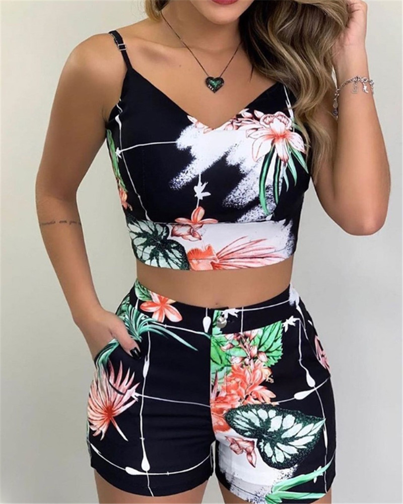 Summer Ladies Fashion 2 Piece Set Sleeveless Printed Top and Shorts Set