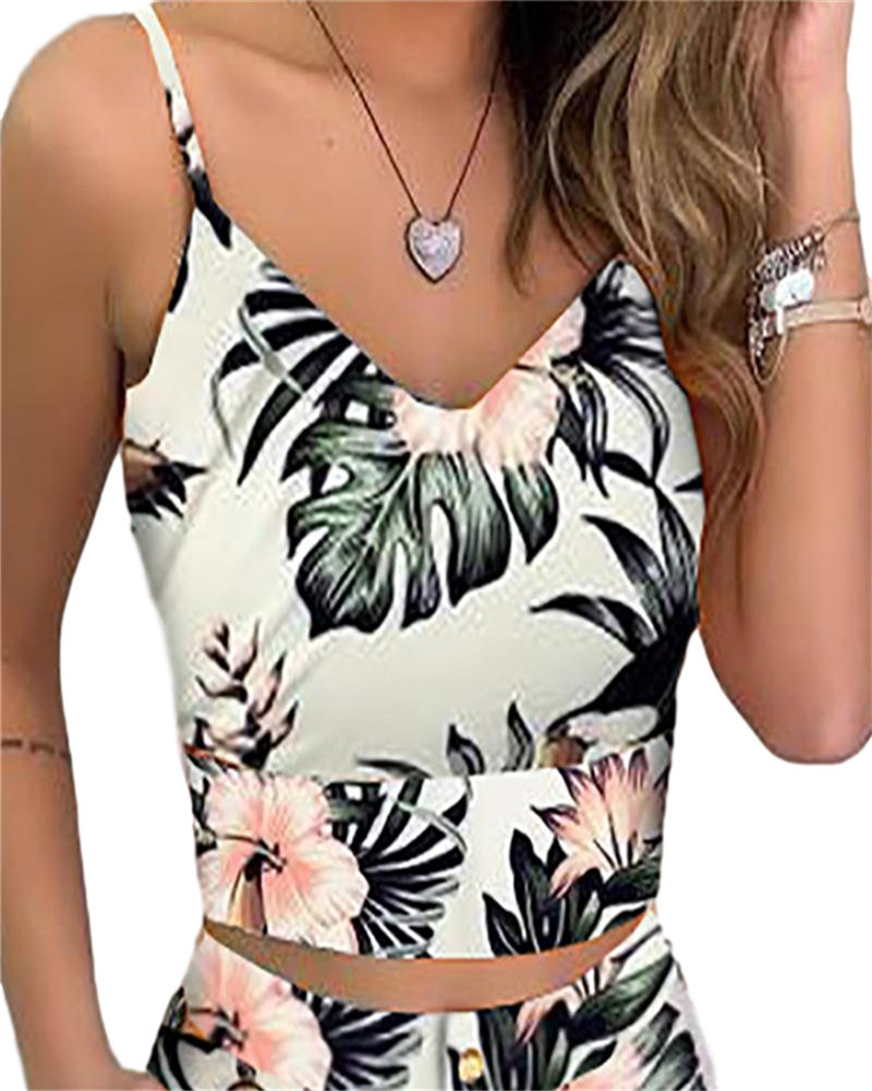 Summer Ladies Fashion 2 Piece Set Sleeveless Printed Top and Shorts Set