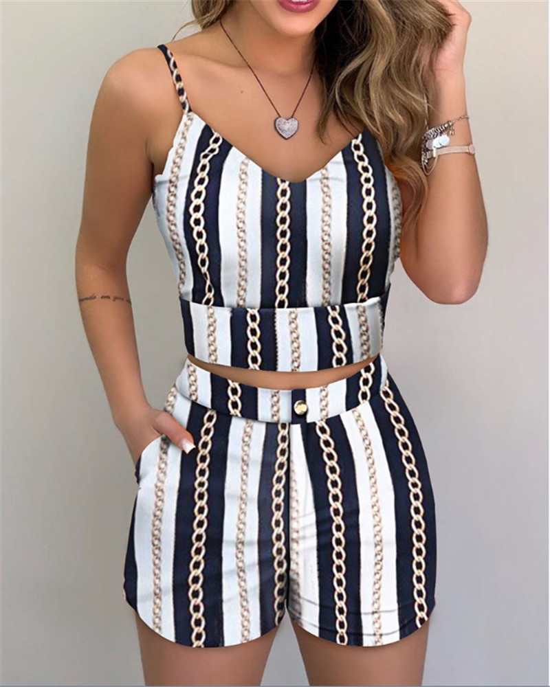 Summer Ladies Fashion 2 Piece Set Sleeveless Printed Top and Shorts Set