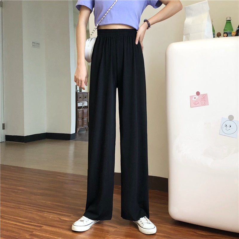 Summer women's thin ice silk wide-leg pants high waist drape mopping casual trousers