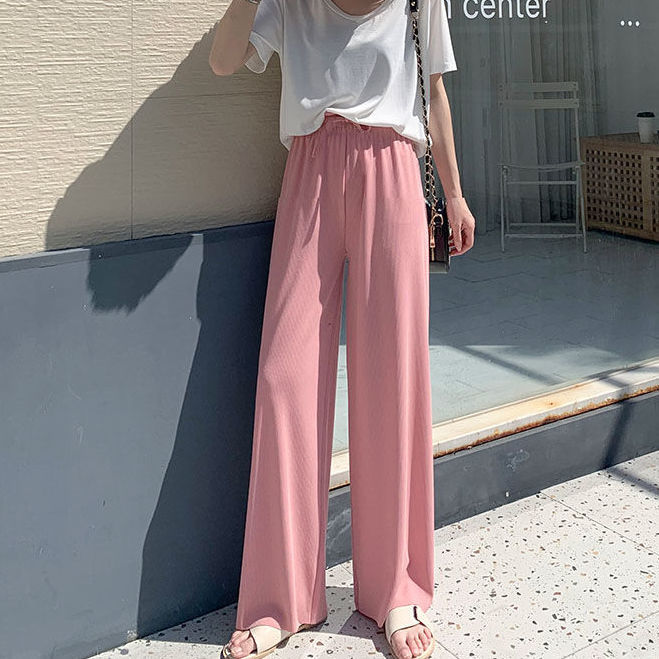Summer women's thin ice silk wide-leg pants high waist drape mopping casual trousers
