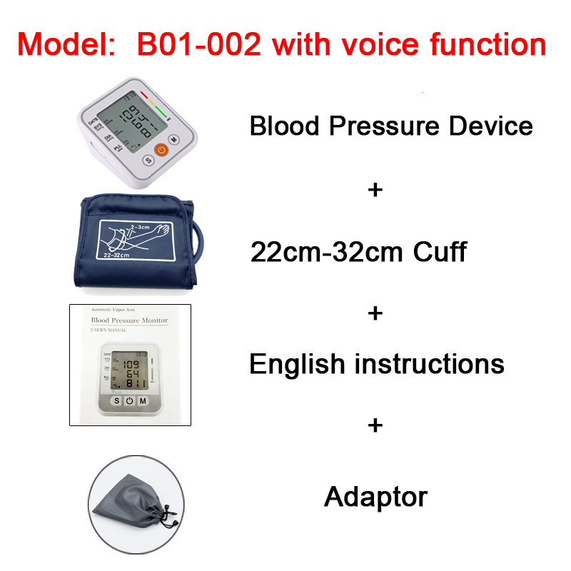 Upper Arm Blood pressure monitor LCD Digital automatic tonometer Cuff for sphygmomanometer Heart rate monitor Pressure meter White With Voice FunctionWhite,With Voice Function