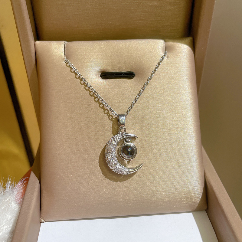 Romantic 100 Languages I Love You Jewelry 18K Stainless Steel Clavicle Chain Crystal Zircon Moon Pendant Necklaces