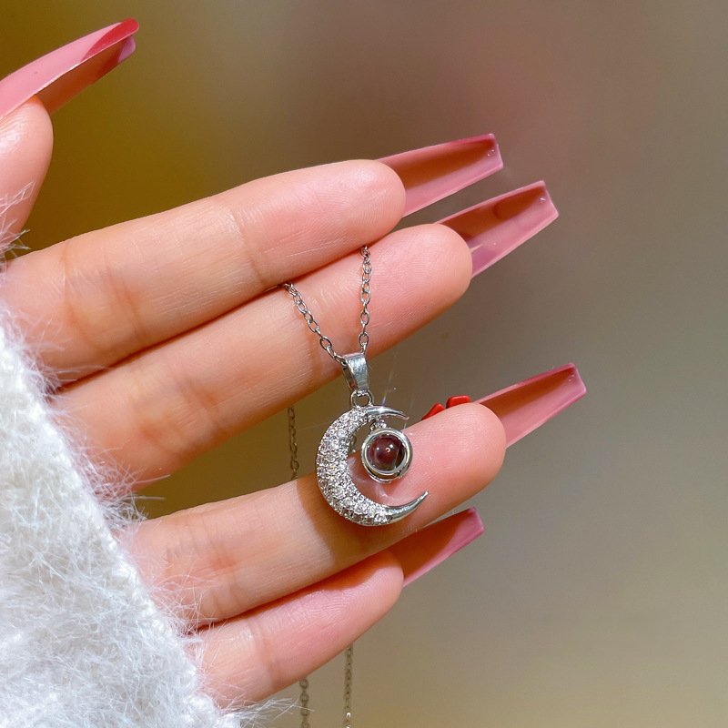 Romantic 100 Languages I Love You Jewelry 18K Stainless Steel Clavicle Chain Crystal Zircon Moon Pendant Necklaces